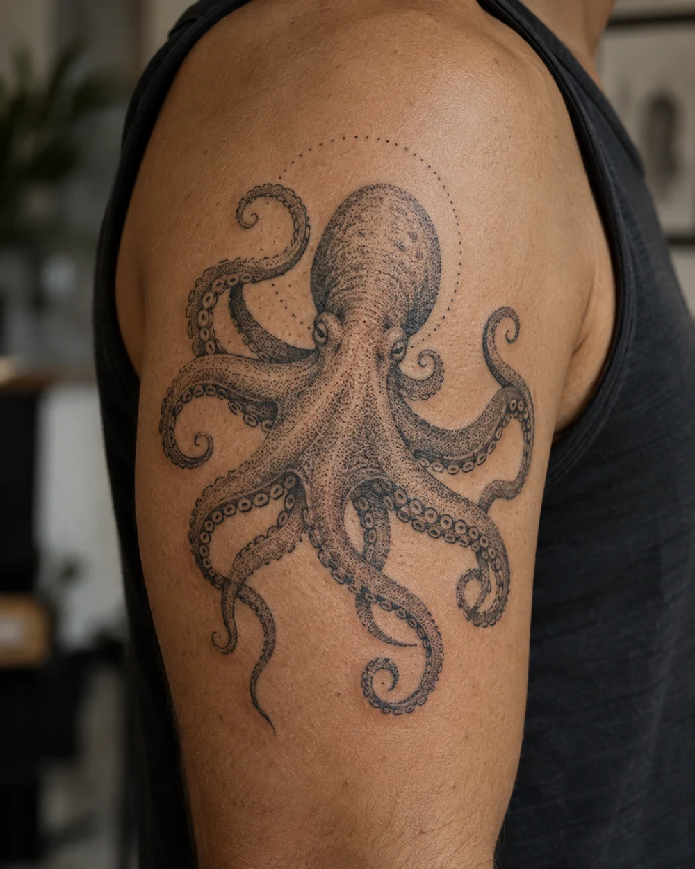 Stippled octopus tattoo with a dotted circular halo on an upper arm