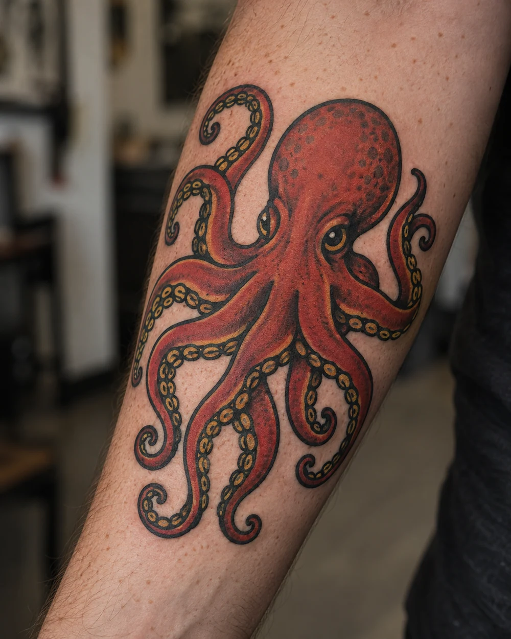 Traditional red octopus tattoo with thick black outlines and mustard details on a forearm