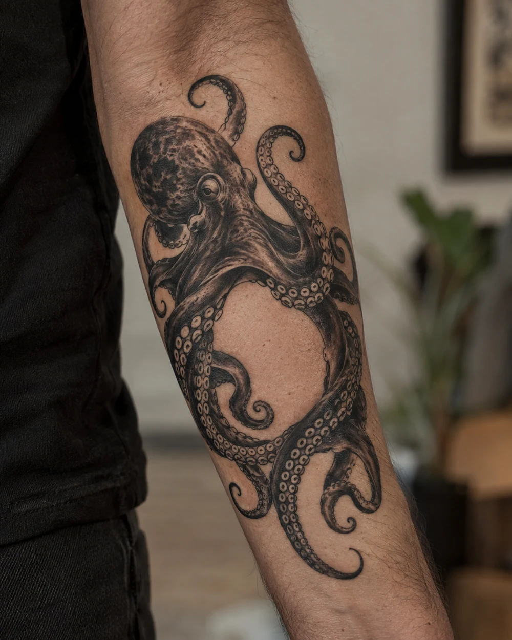 Blackwork octopus tattoo with an open oval of skin between its tentacles on a forearm