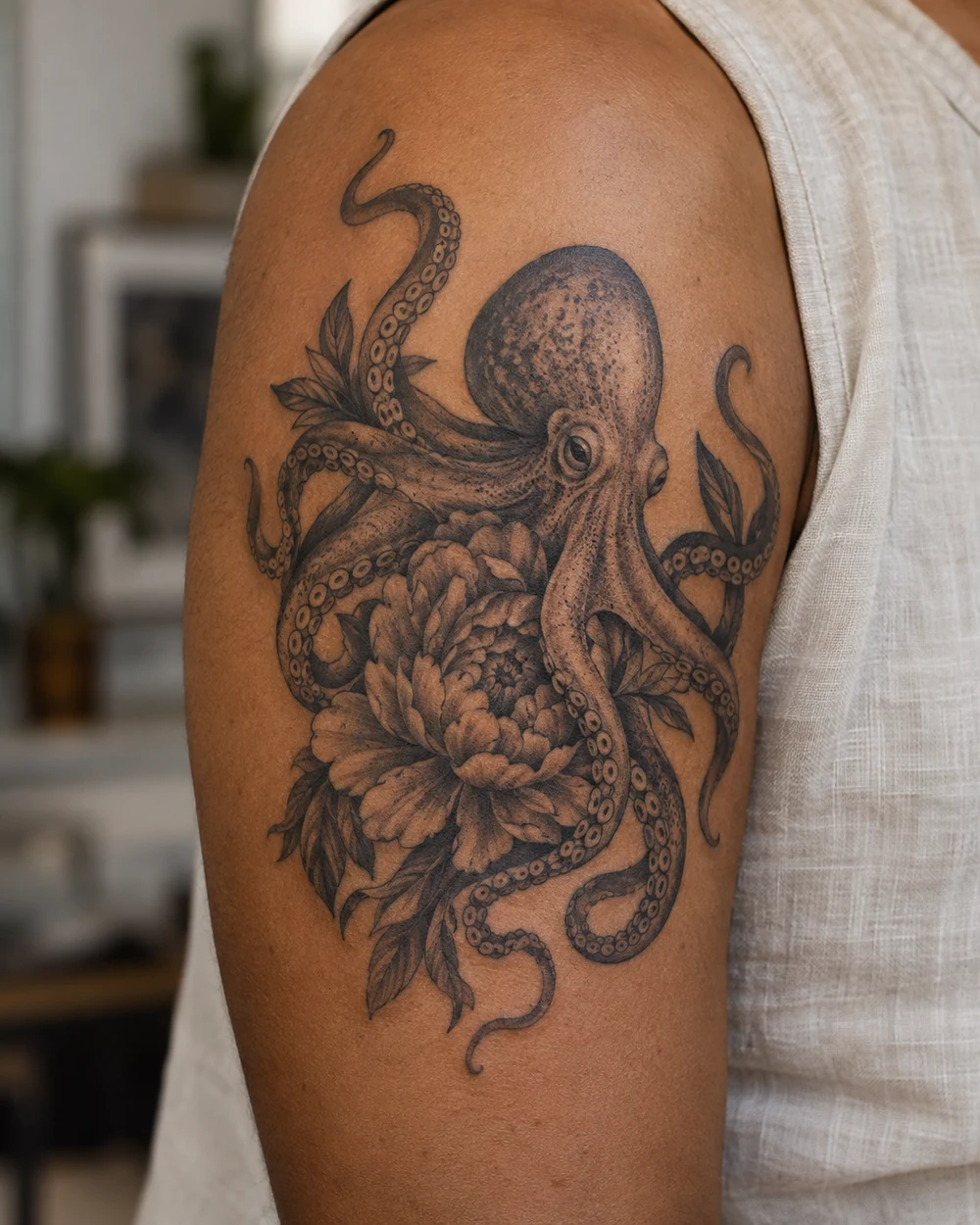 Black-and-grey octopus tattoo with curling arms around a blooming peony on an upper arm
