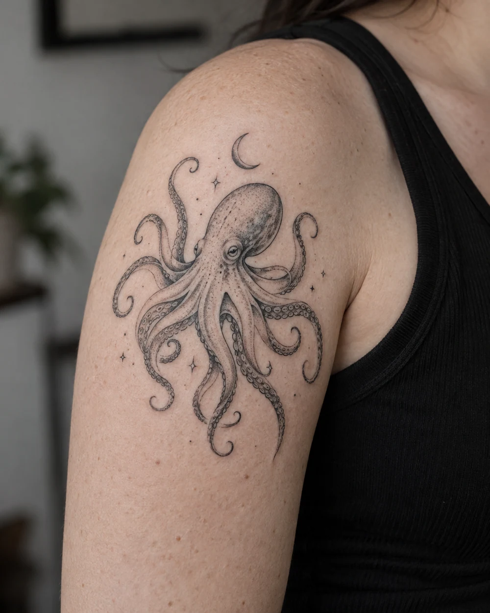 Fine-line octopus tattoo with a crescent moon and small stars on a shoulder