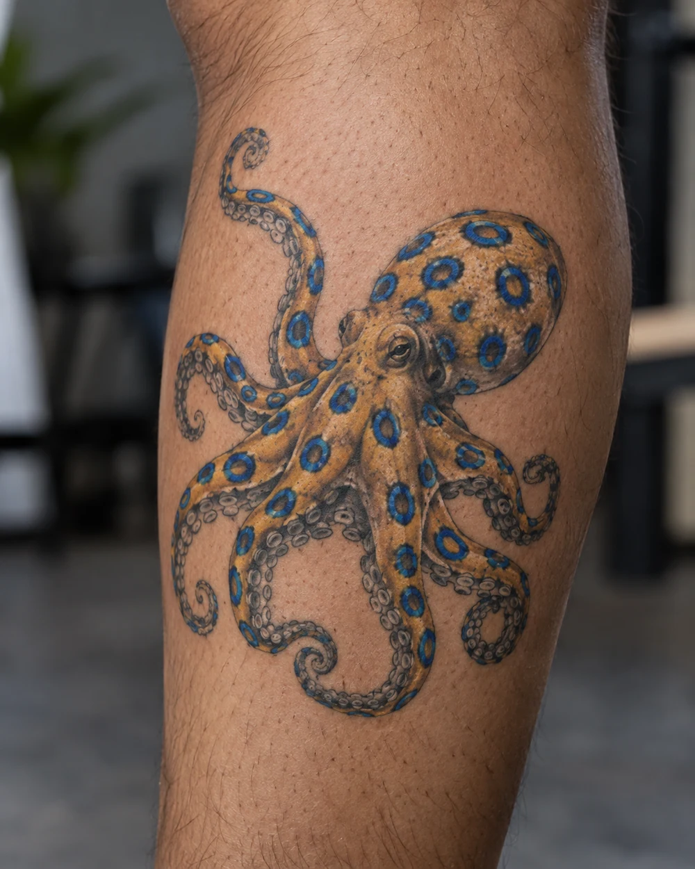 Ochre octopus tattoo with bright blue rings on a calf