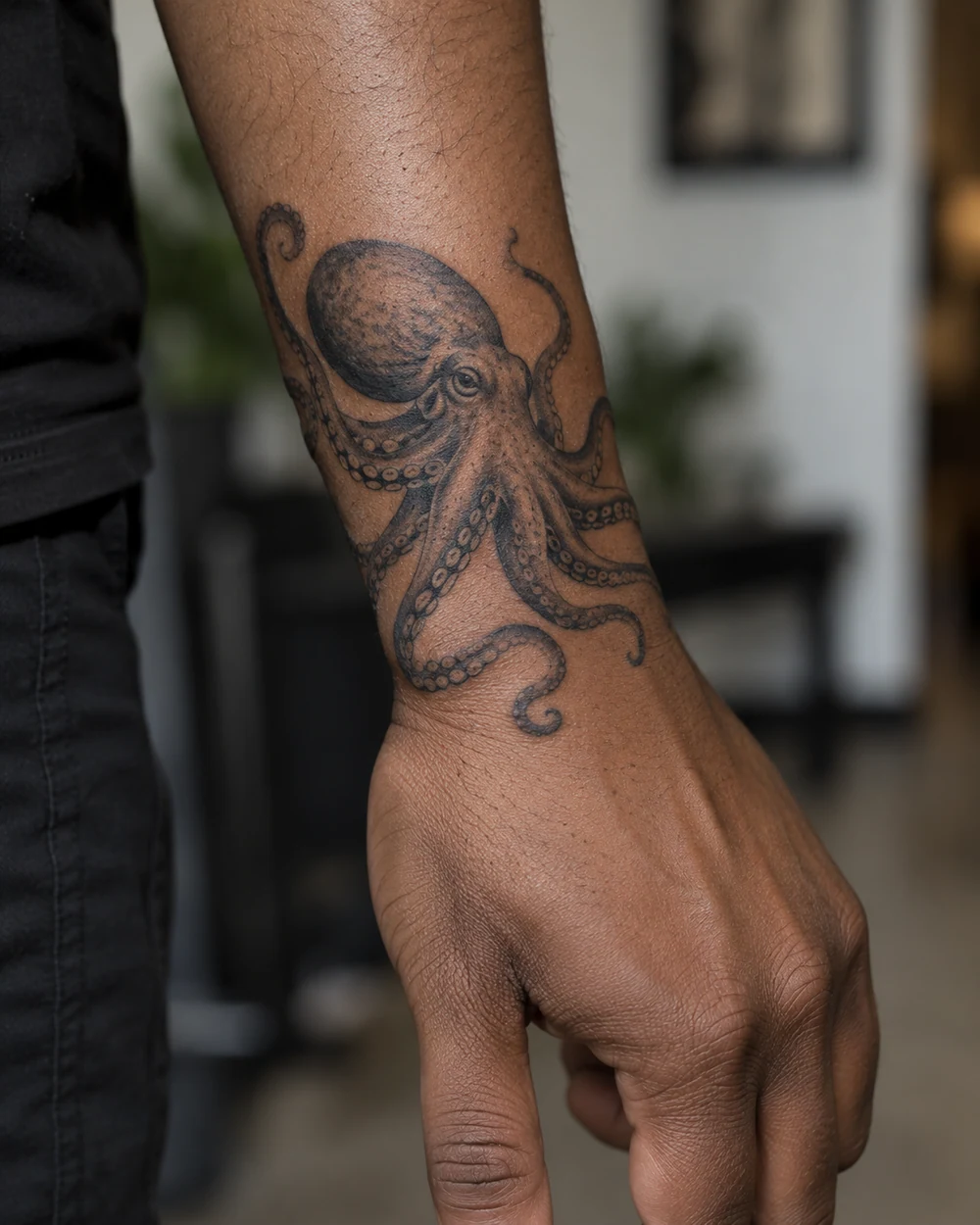 Black-and-grey octopus tattoo with tentacles curving toward a wrist
