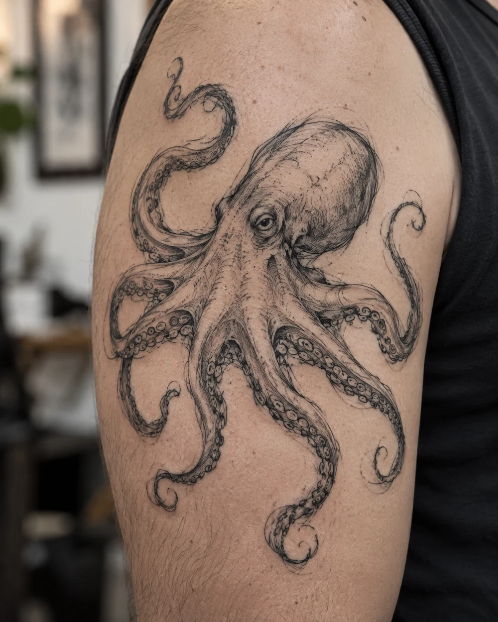 Sketch-style octopus tattoo with loose outlines and hatched shading on an upper arm