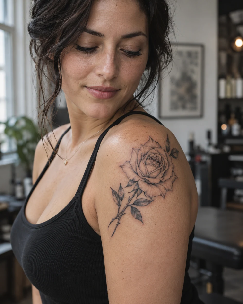Fine-line open rose tattoo with a leafy stem on the outer shoulder