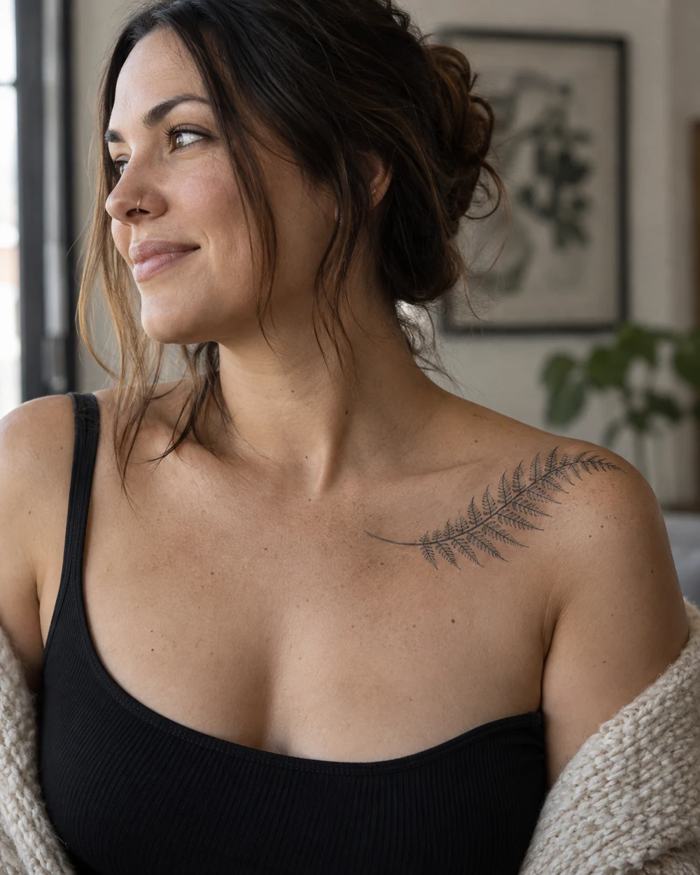 Fine-line fern tattoo curving across a woman's shoulder toward her collarbone
