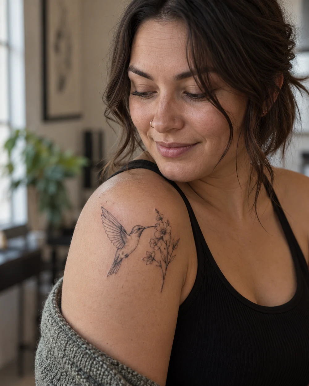 Fine-line hummingbird and flowering stem tattoo on a woman’s shoulder