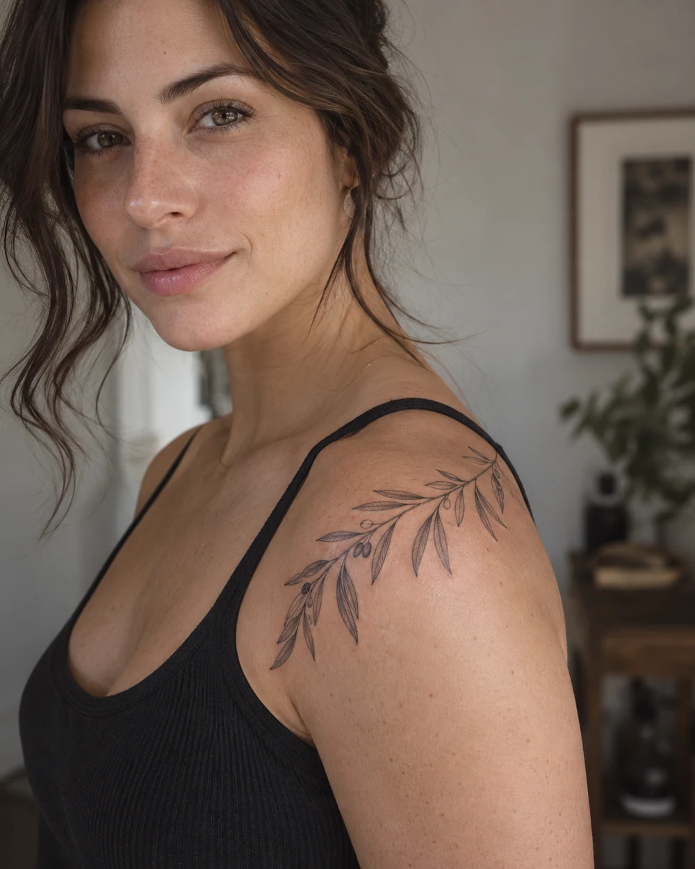 Fine-line olive branch tattoo with narrow leaves sweeping across a woman's shoulder cap
