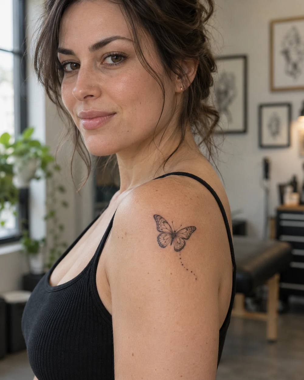 Fine-line butterfly tattoo with dotted trail on an adult woman's outer shoulder