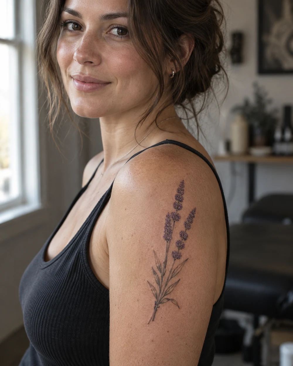 Fine-line tattoo of two lavender stems with clustered florets and narrow leaves on a woman's upper arm