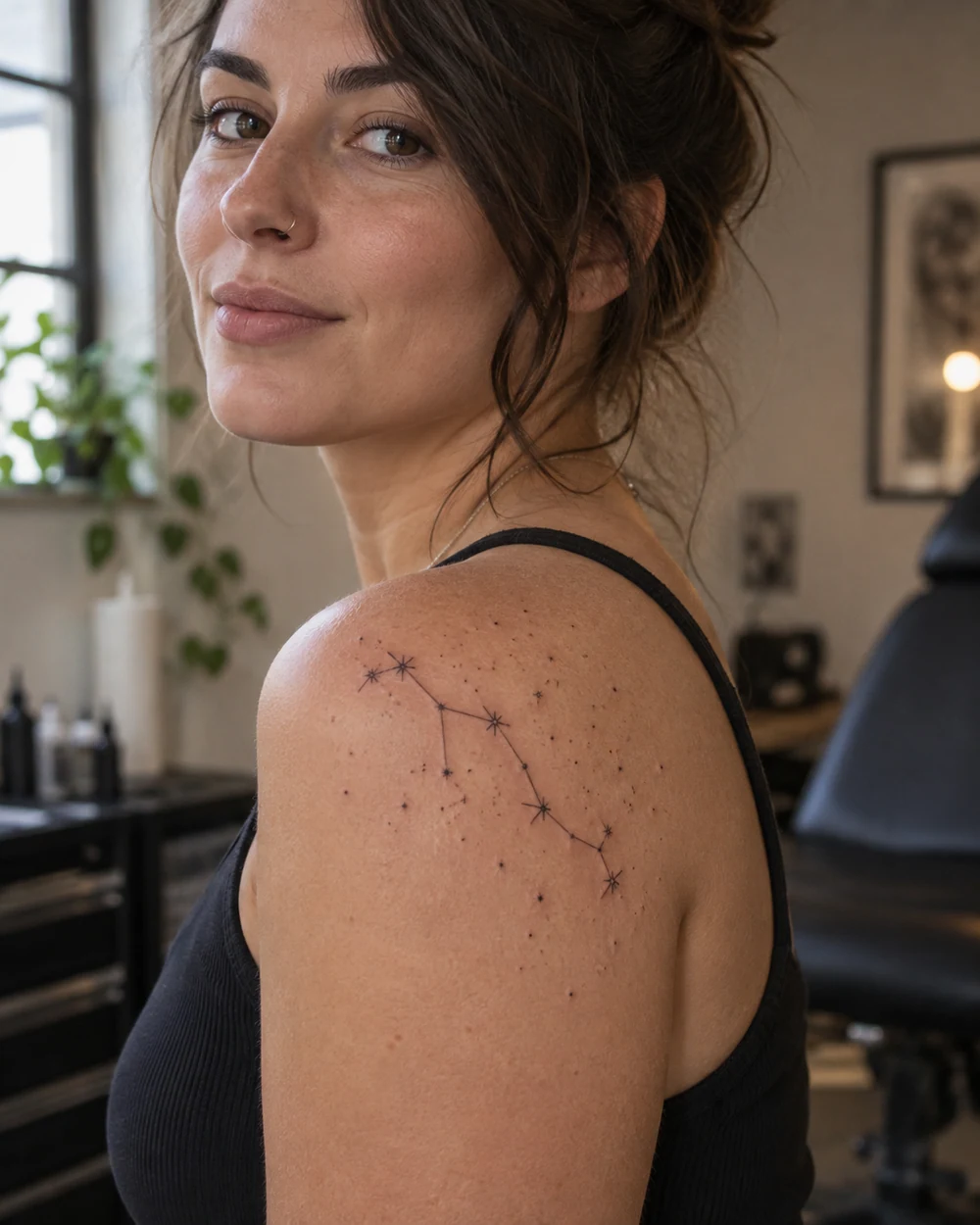 Fine-line star constellation tattoo with scattered dots across a woman's shoulder