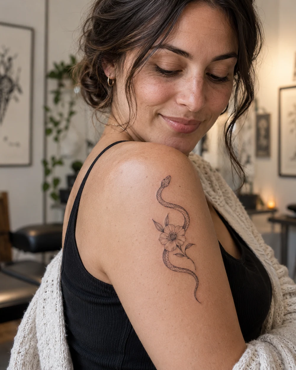Fine-line curved snake and blossom tattoo on a woman’s upper arm near the shoulder