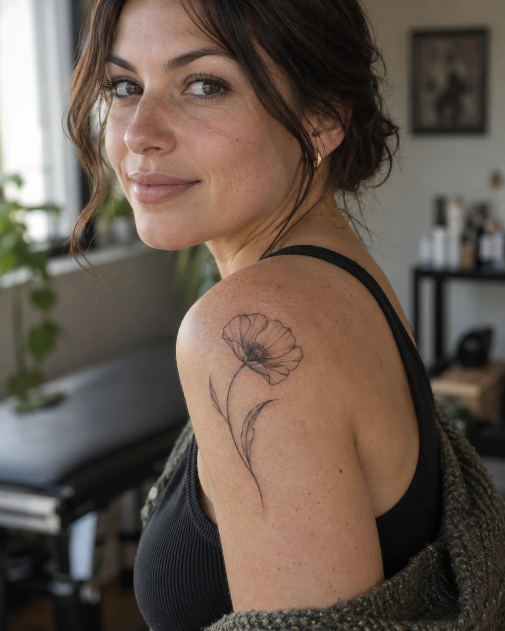 Fine-line poppy tattoo with a curved stem and two narrow leaves high on a woman's shoulder