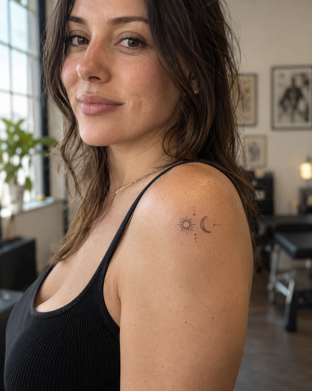 An adult woman wearing a fine-line sun and crescent moon shoulder tattoo