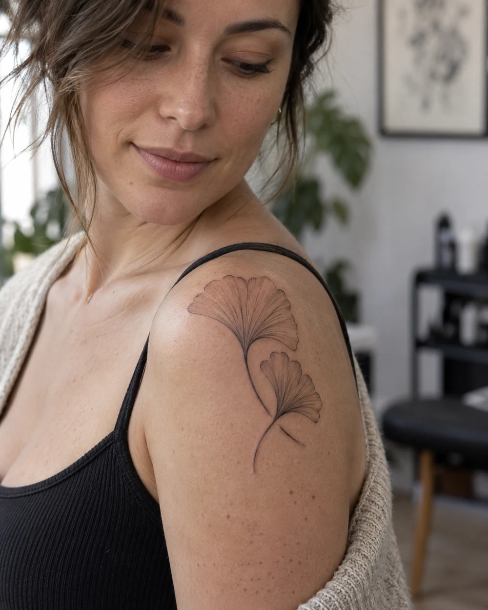 Adult woman with a fine-line ginkgo leaf tattoo across her shoulder
