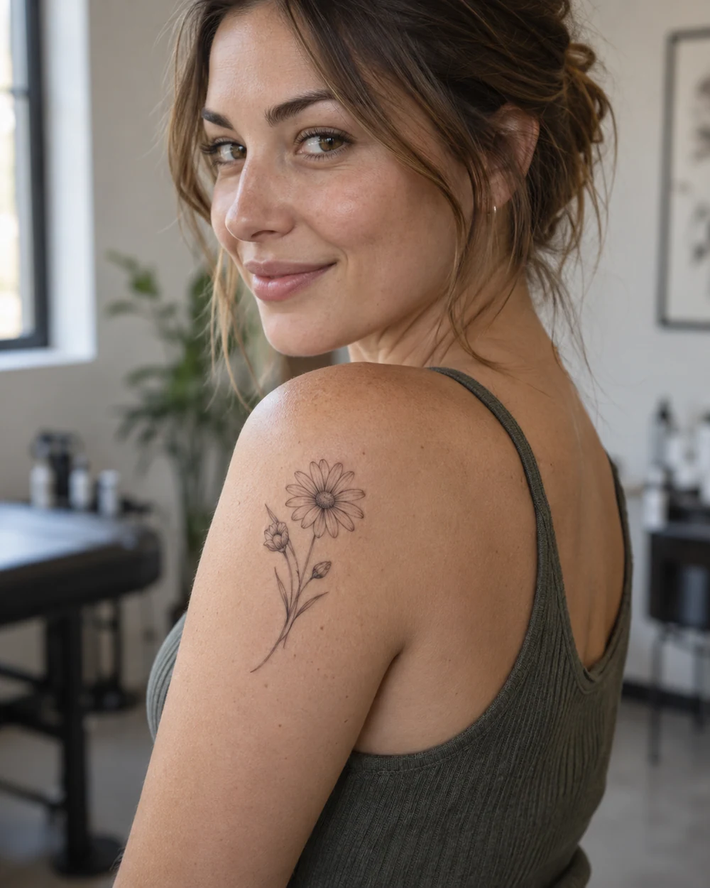 Fine-line daisy and two buds tattoo on a woman's upper arm near the shoulder
