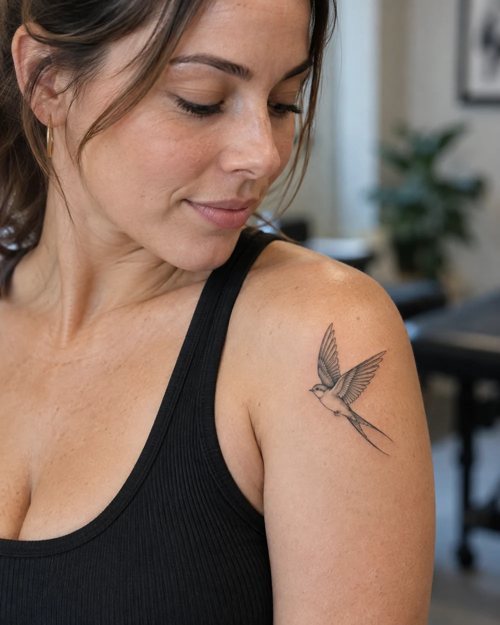 Adult woman with a small fine-line swallow tattoo in flight on her shoulder