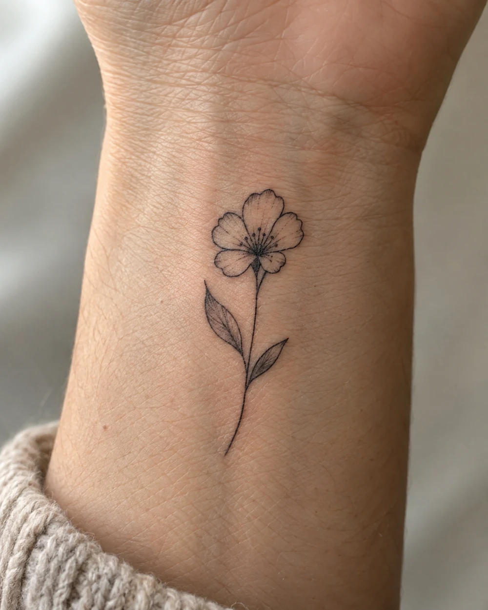 Small black fine-line wildflower tattoo with rounded petals, two leaves, and a slender stem on the inner wrist