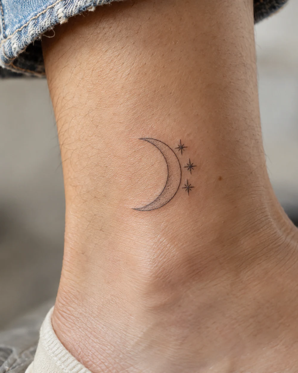 Fine-line crescent moon tattoo with three outlined stars above the ankle
