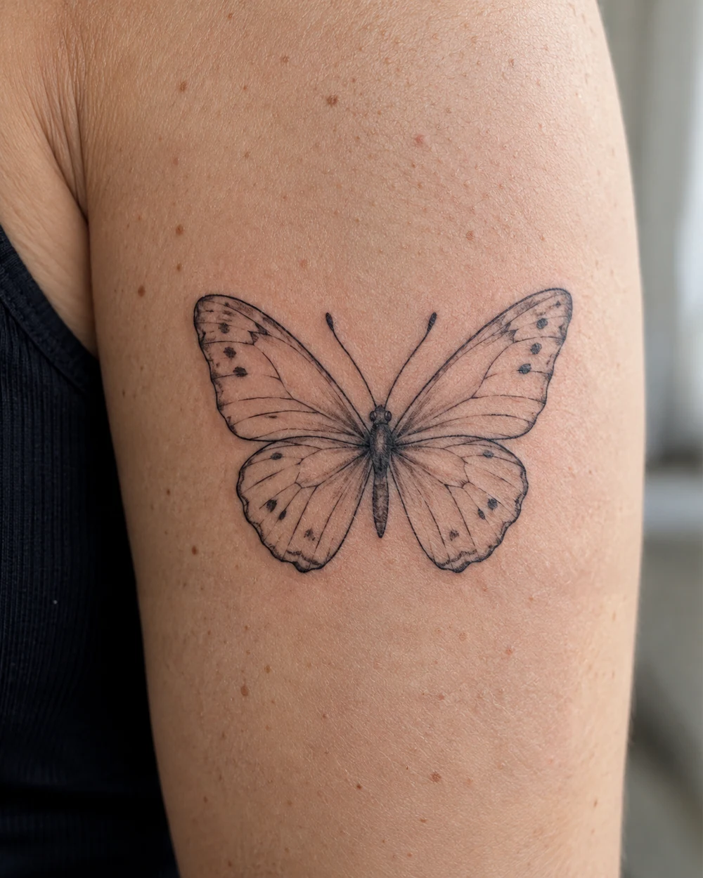 Small fine-line butterfly tattoo with symmetrical open wings on the upper arm