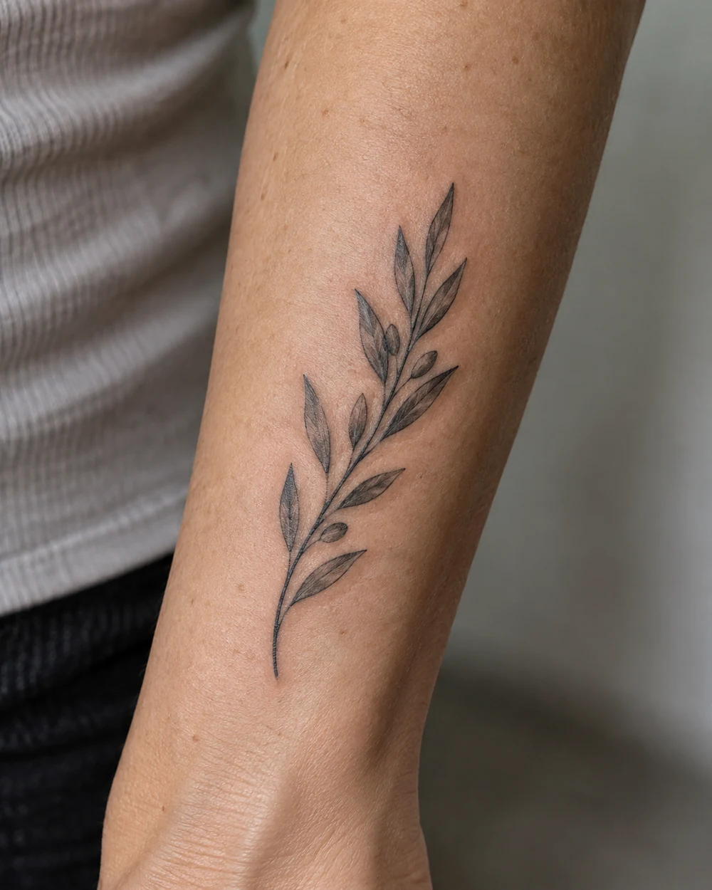 Fine-line olive branch tattoo on a forearm