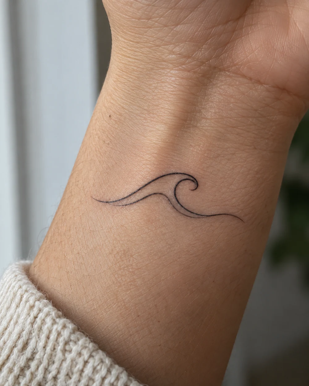 Small black fine-line wave tattoo with a curled crest on the inner wrist