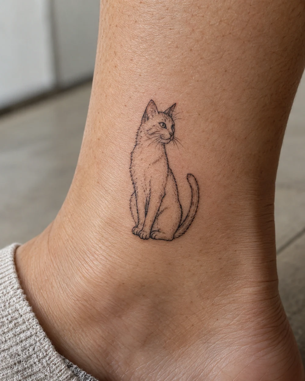 Fine-line black seated cat tattoo above the ankle