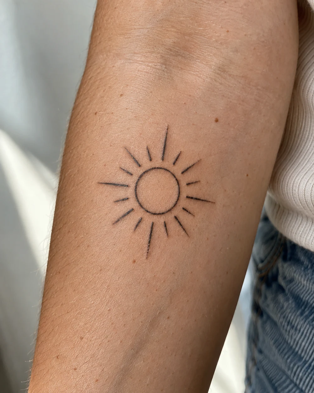 Small black sunburst tattoo with a plain circular center and short rays on the inner forearm