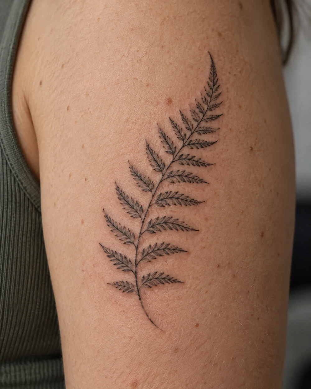 Fine-line black fern tattoo with a curved stem and alternating leaflets on an upper arm