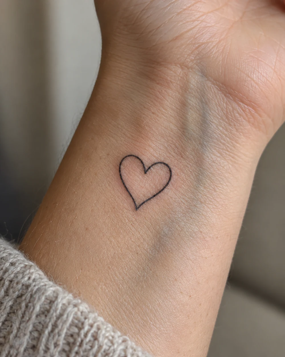 Fine-line black heart tattoo on the inner wrist
