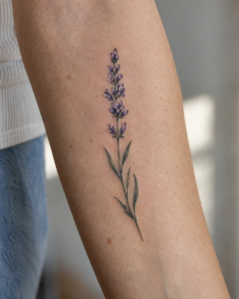 Small purple lavender sprig tattoo with narrow green leaves on the inner forearm