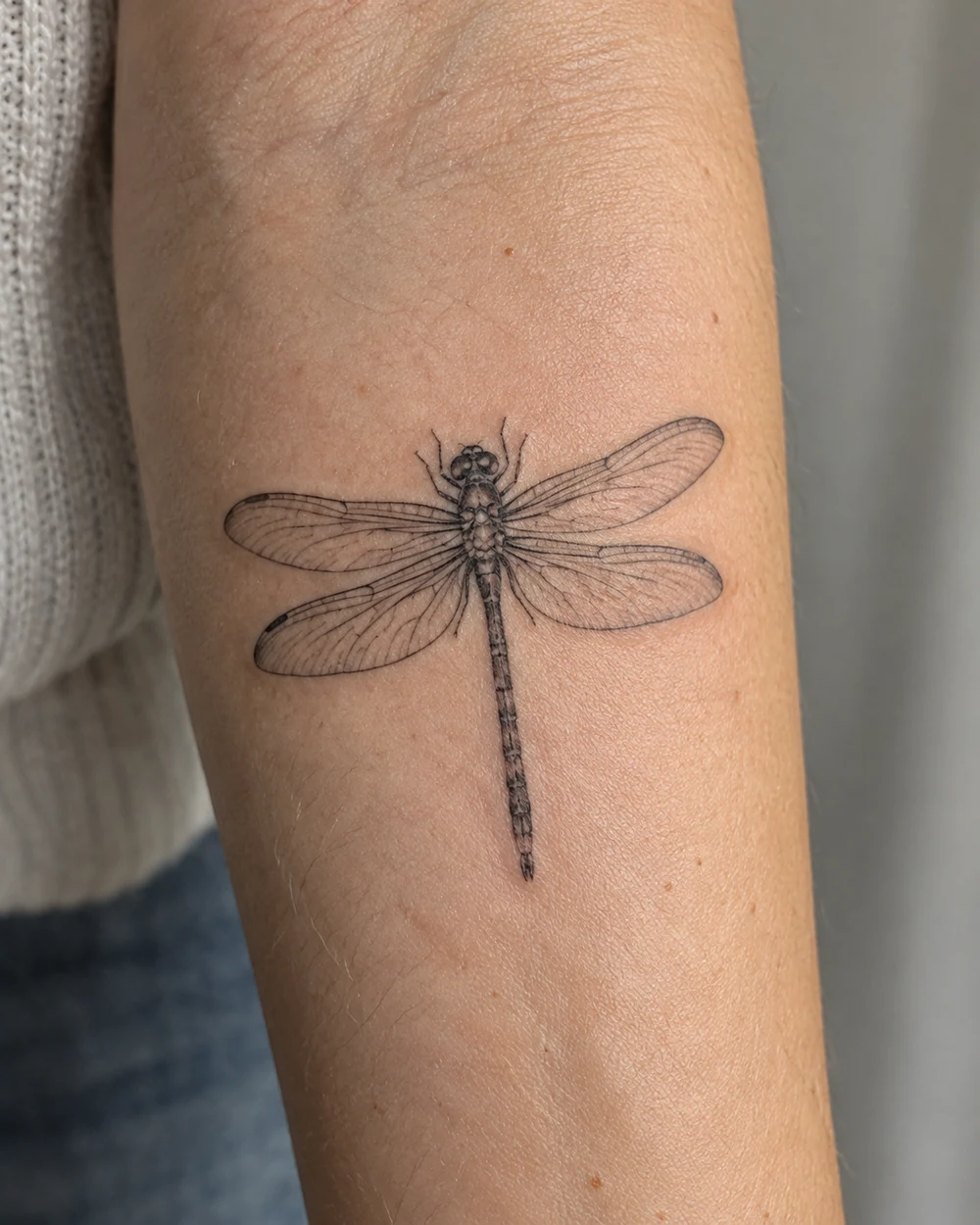Fine-line dragonfly tattoo with a slender segmented body and four lightly veined wings on the forearm
