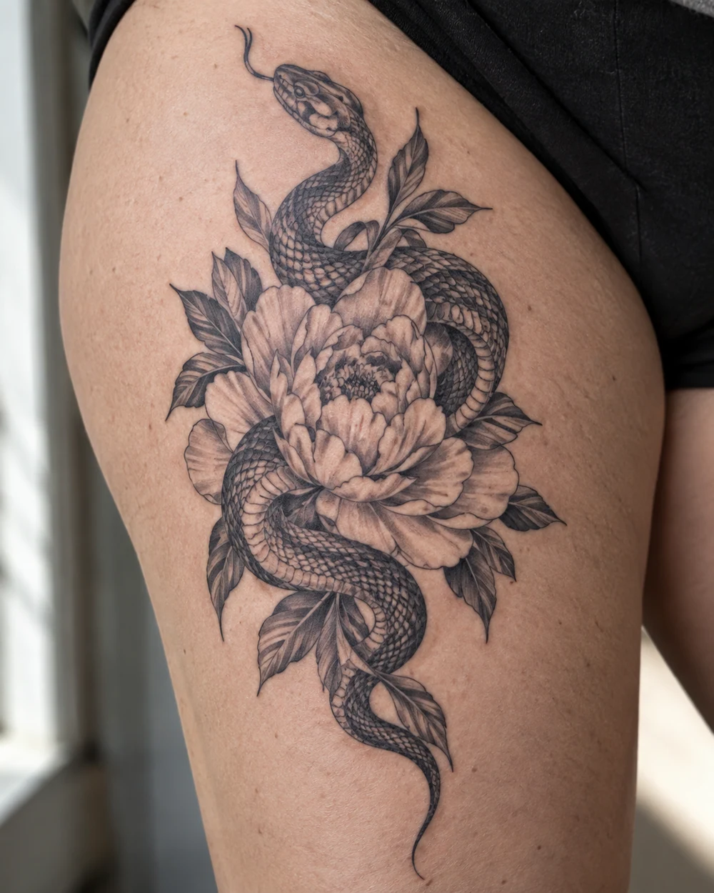 Black-and-gray snake tattoo winding around a large peony on an upper arm