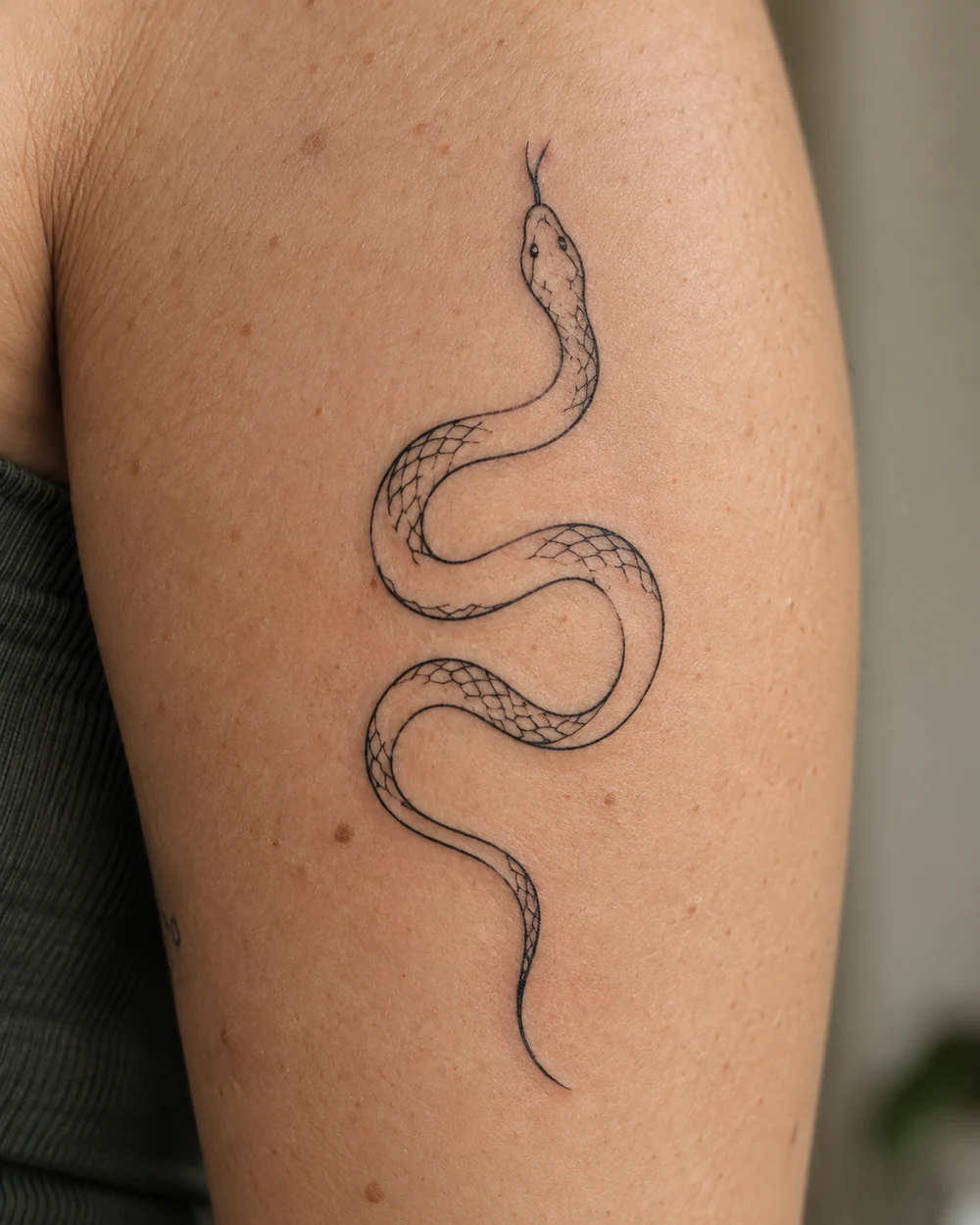 Fine-line black snake tattoo in an open asymmetrical coil with a small head and sparse scales on the upper arm