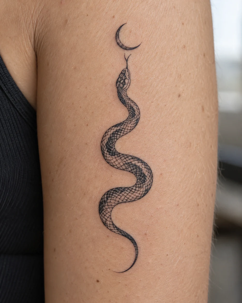 A black fine-line serpent tattoo winding beneath a narrow crescent moon on the upper arm.