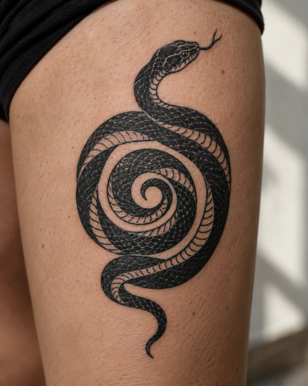 Detailed black serpent tattoo curled into a tight spiral on an upper arm