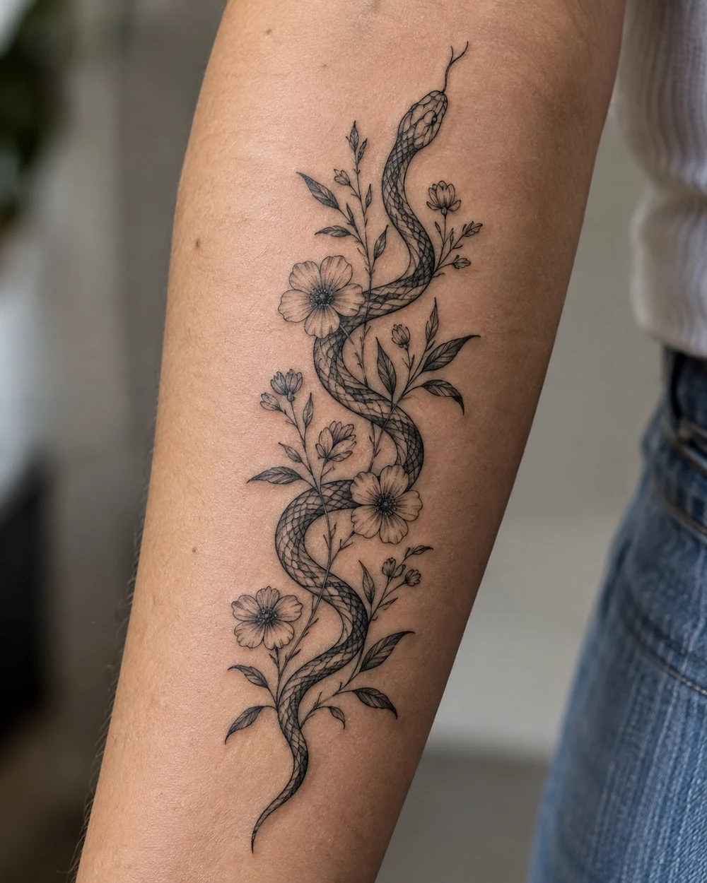 Slender patterned snake tattoo winding among small wildflowers and fine leaves on an arm