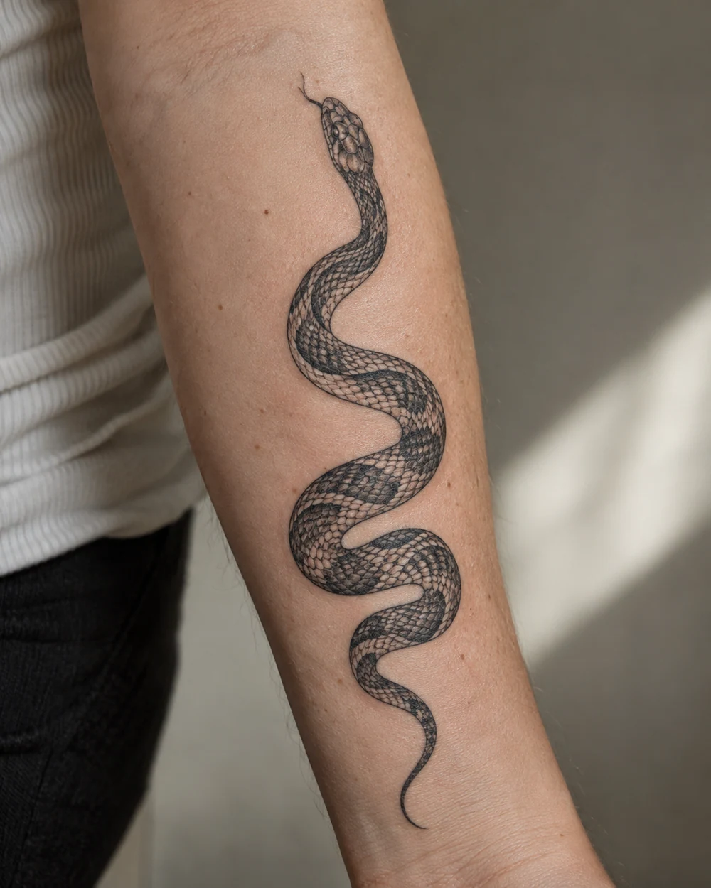 Black geometric serpent tattoo with a raised head and angular coiled body