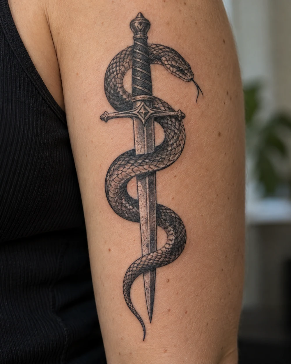 Black-and-gray serpent tattoo winding around a straight dagger on the upper arm, with its head and tail visible