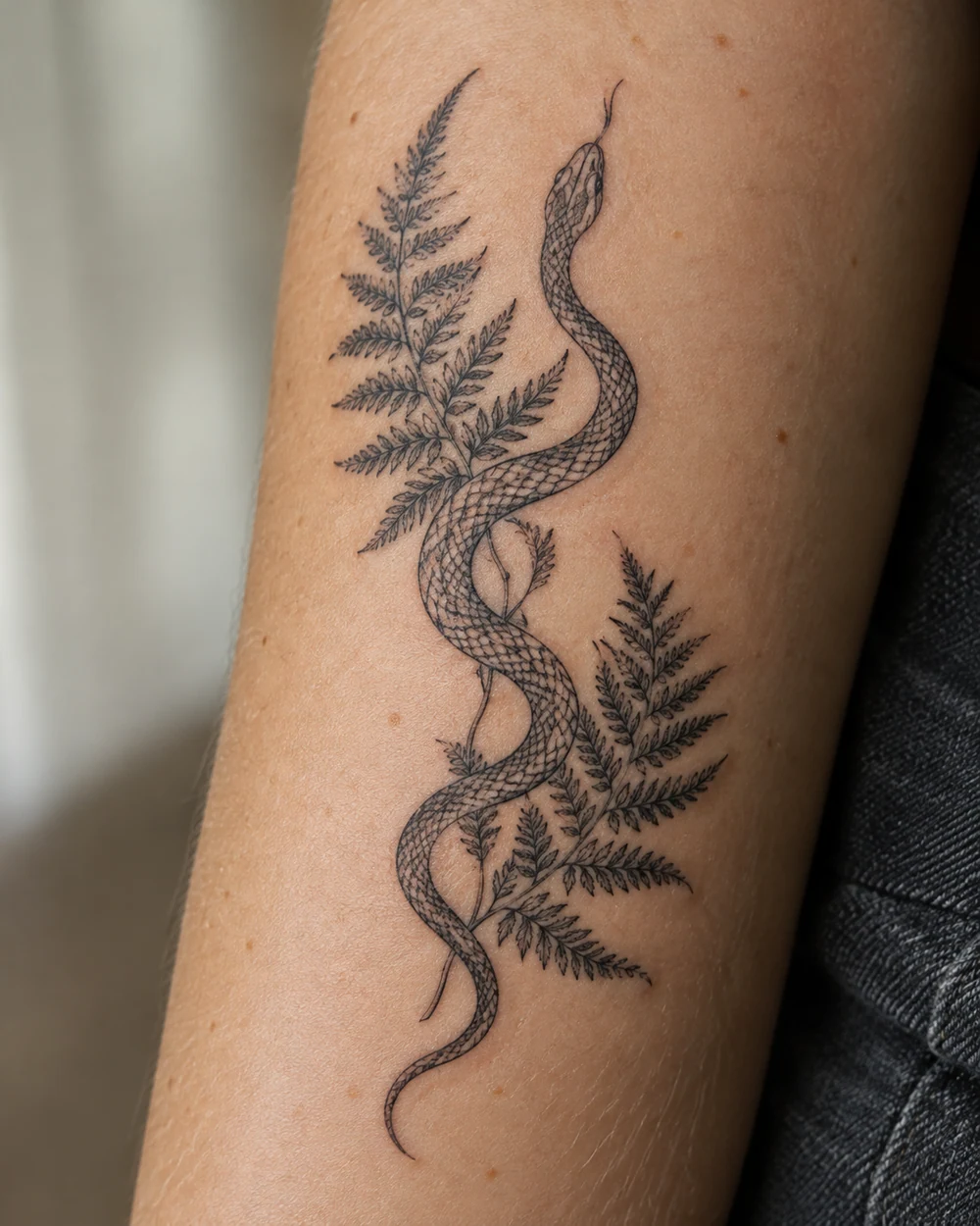 Fine-line black snake tattoo curving between two fern fronds on skin