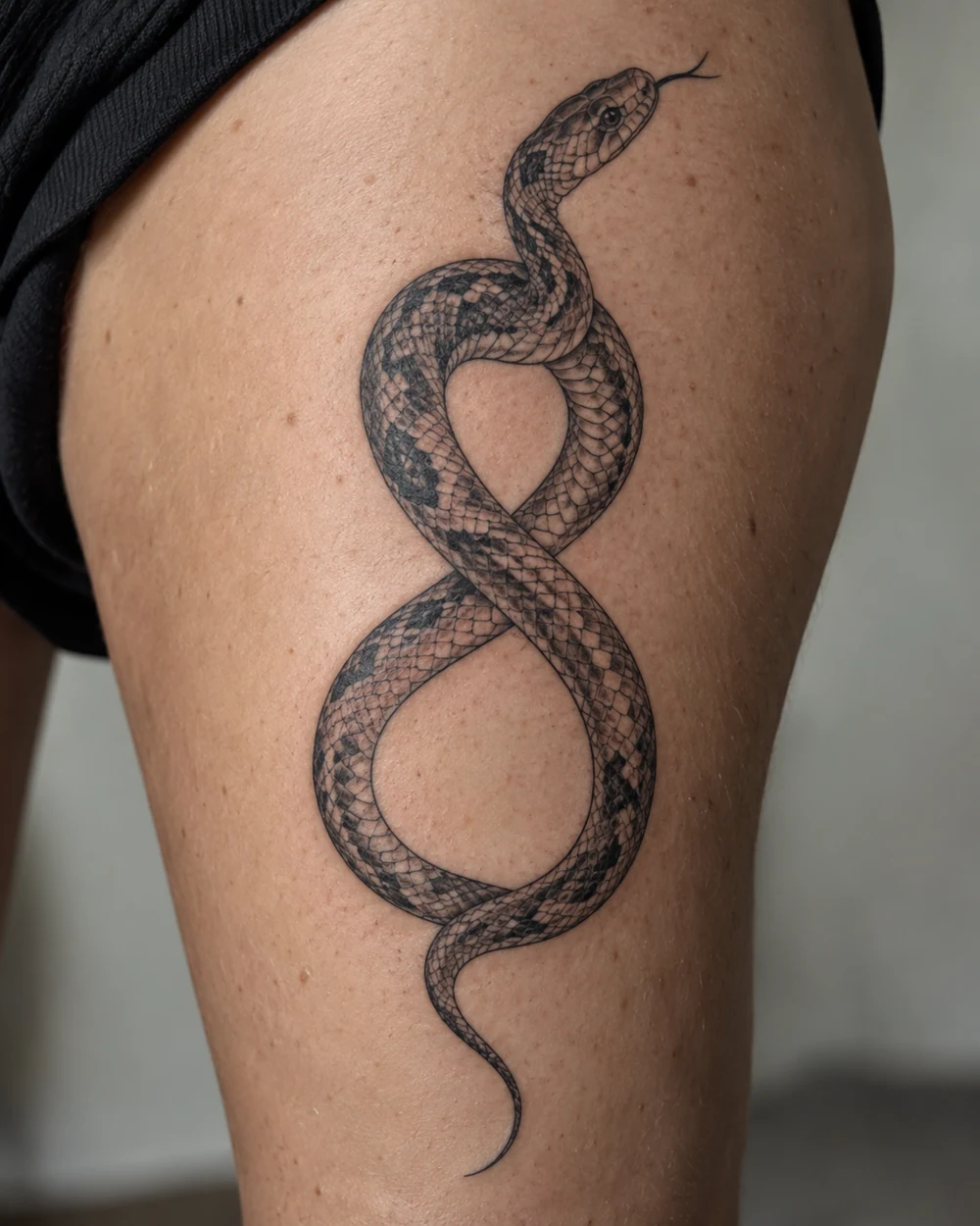 Black-and-gray serpent tattoo with fine scale details winding into a figure-eight on a leg