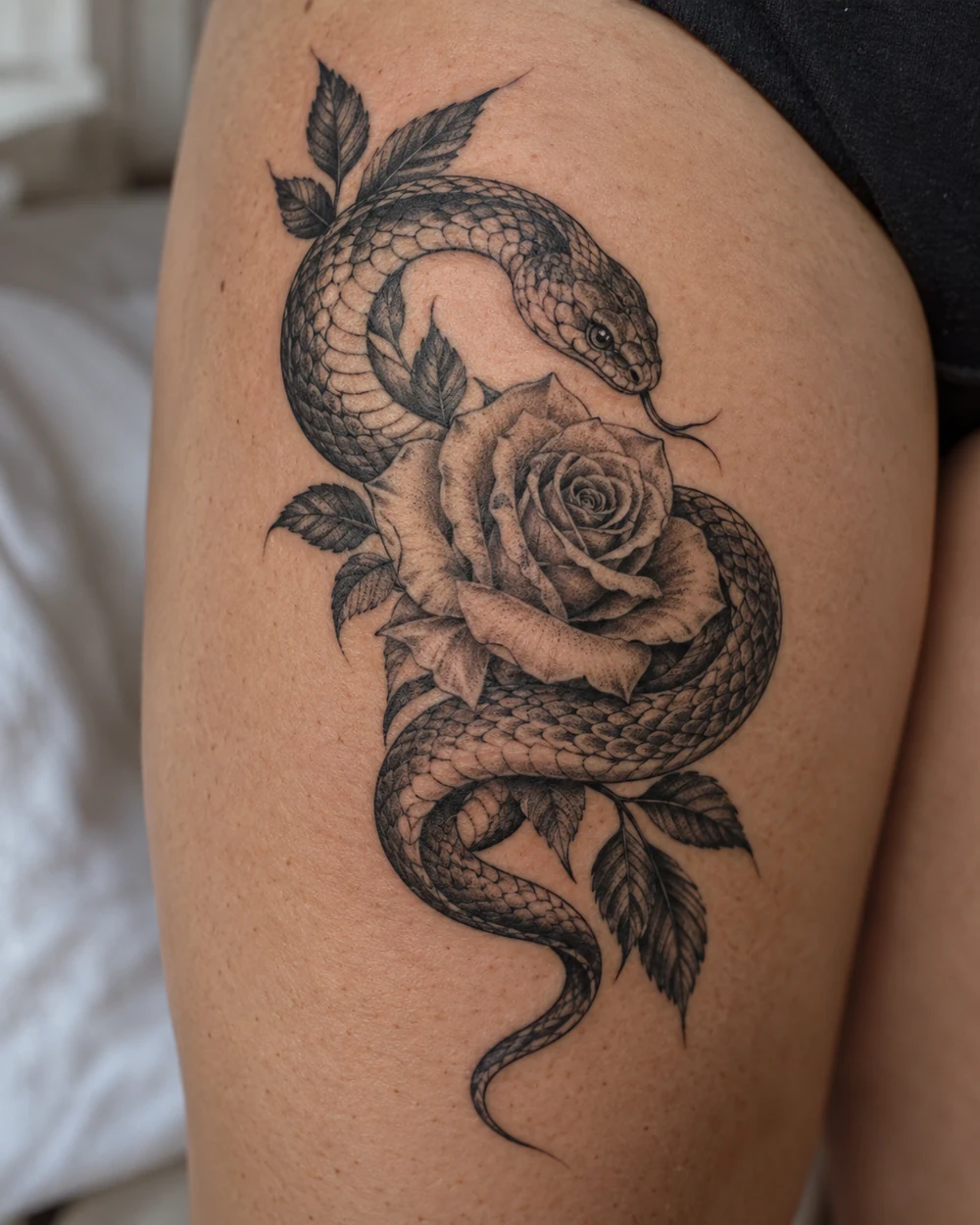 Black and gray snake tattoo coiled around an open rose with leaves