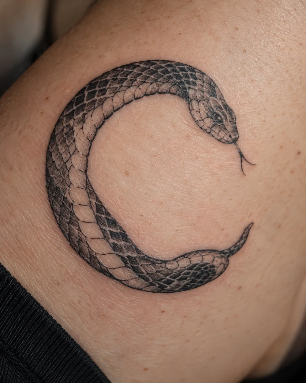 Black-and-gray snake tattoo forming a crescent-shaped coil