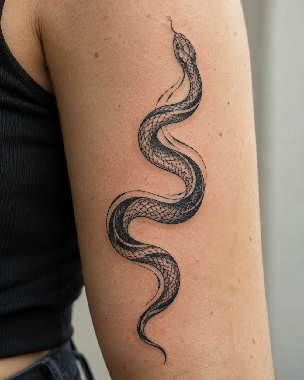 Black snake tattoo with detailed scales and curved stripe accents on an upper arm