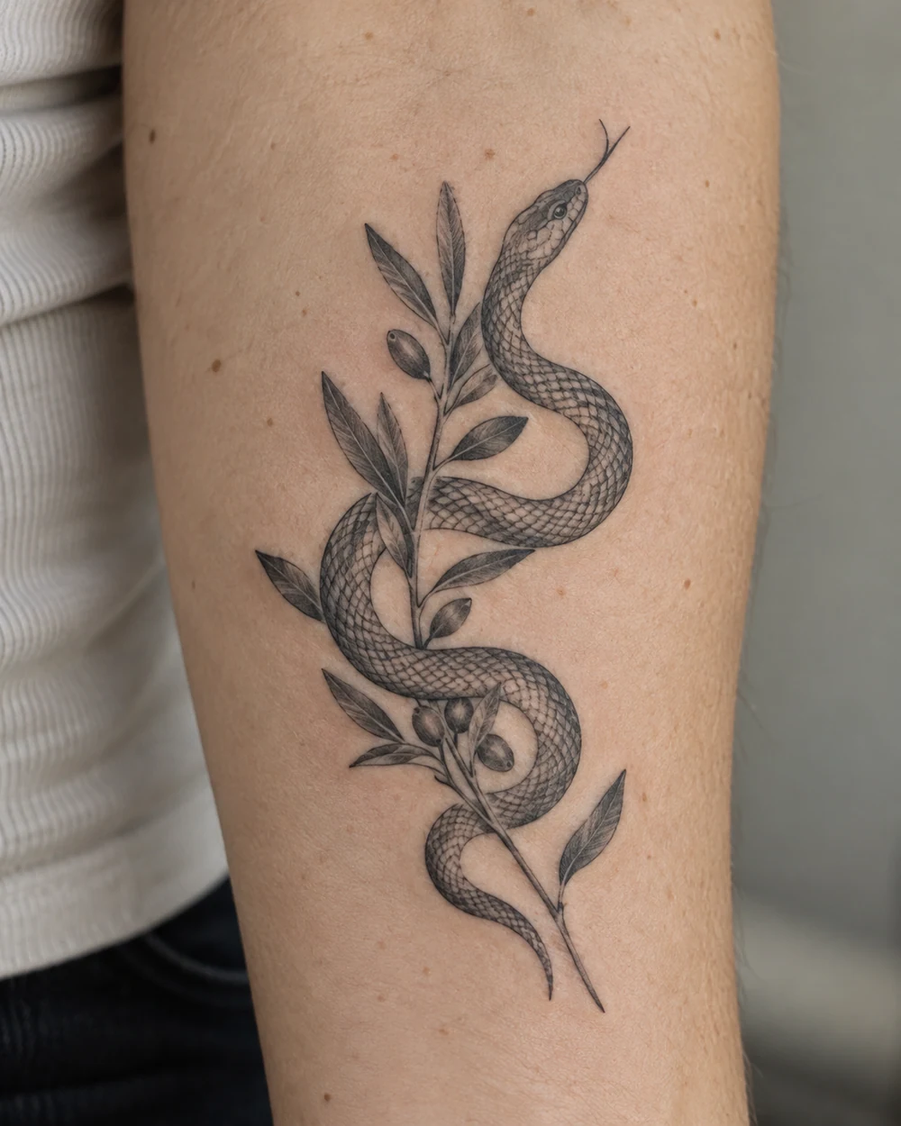 Black-line snake tattoo coiled around an olive branch on skin