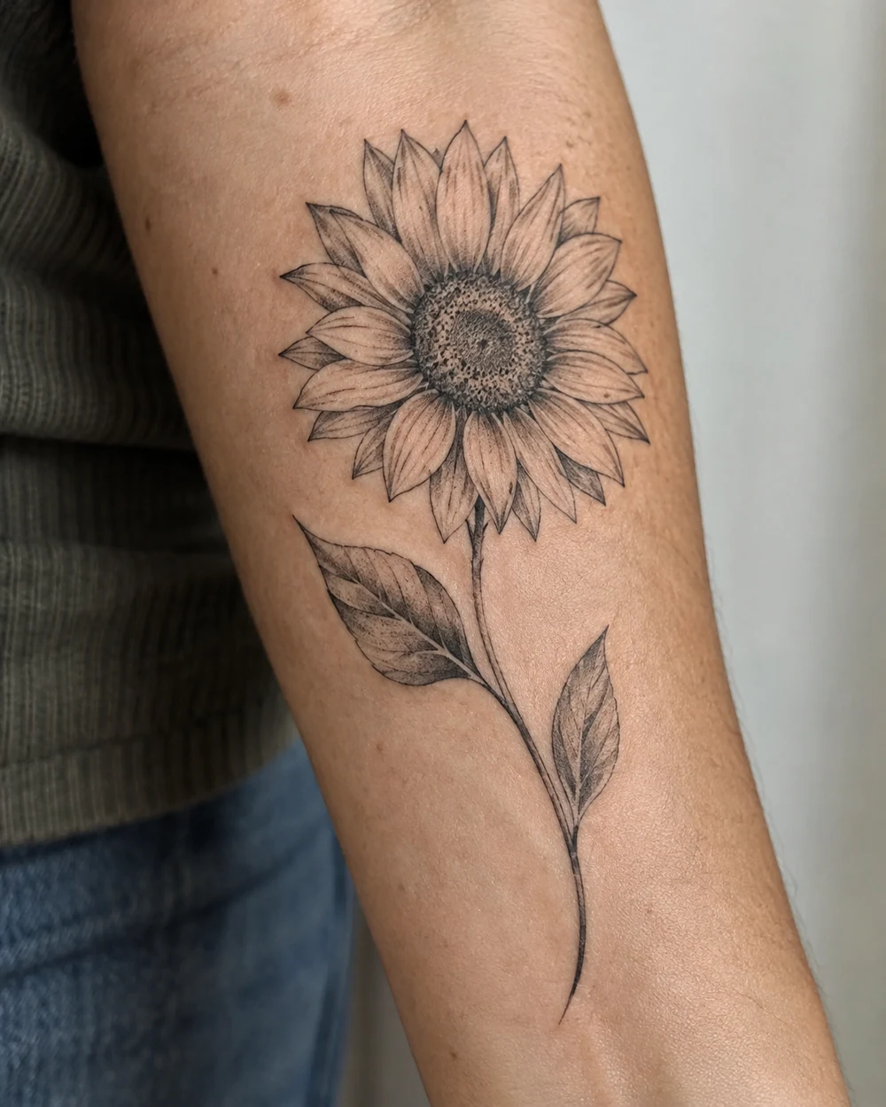 Fine-line black sunflower tattoo with one open bloom, curved stem, and two leaves on a forearm