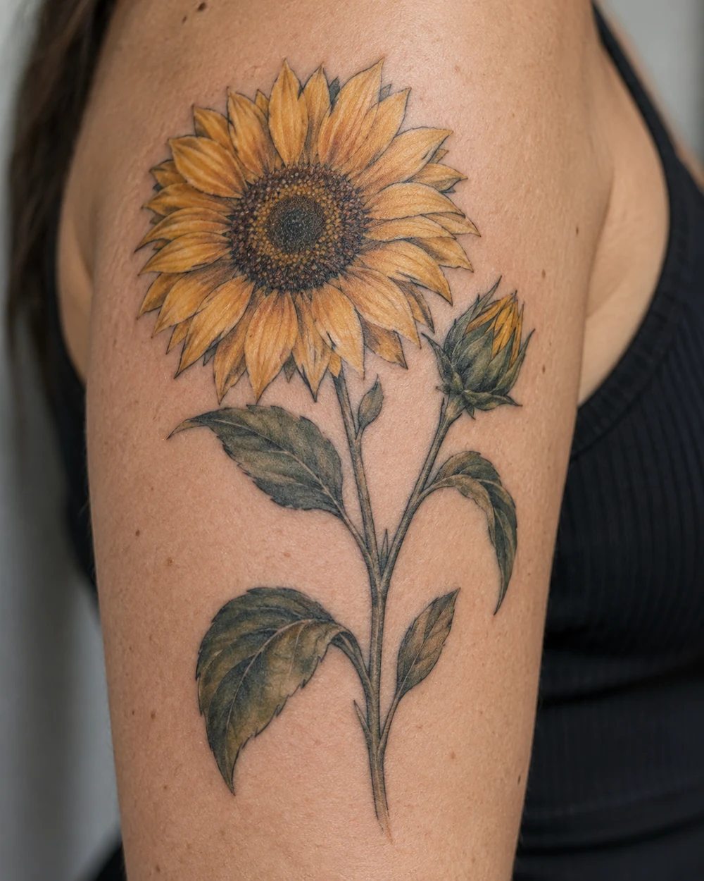Golden sunflower tattoo with a large open bloom, closed bud, branching stem, and muted green leaves on an upper arm