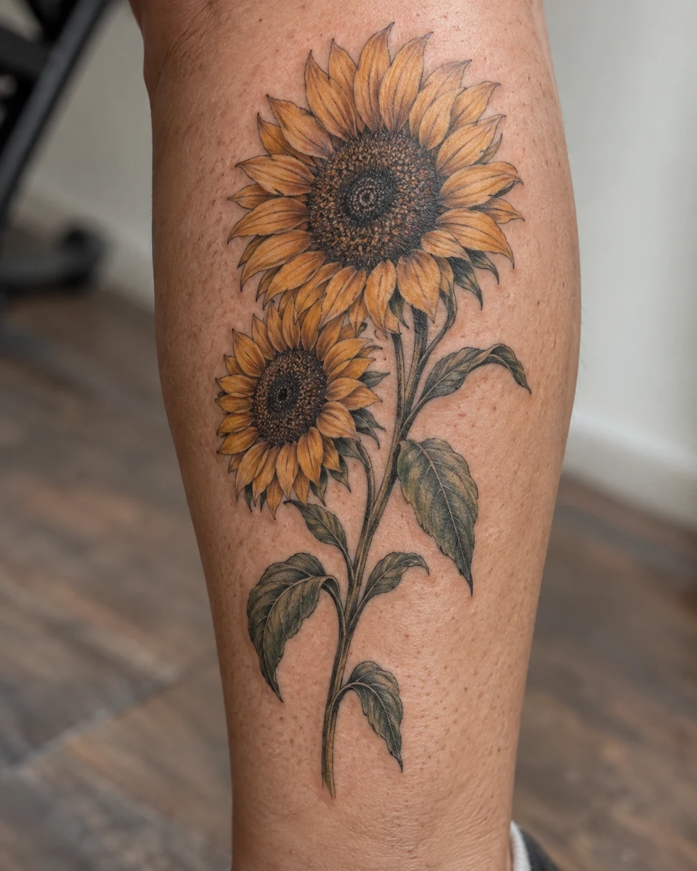 Two golden sunflower blooms connected by a leafy stem in a vertical calf tattoo