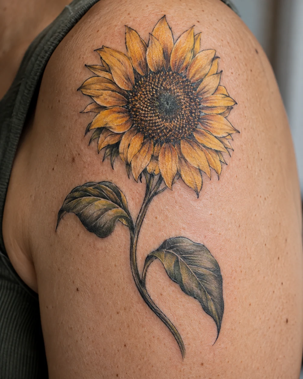 Sunflower tattoo with a broad bloom, arcing stem, and two curved leaves on a shoulder