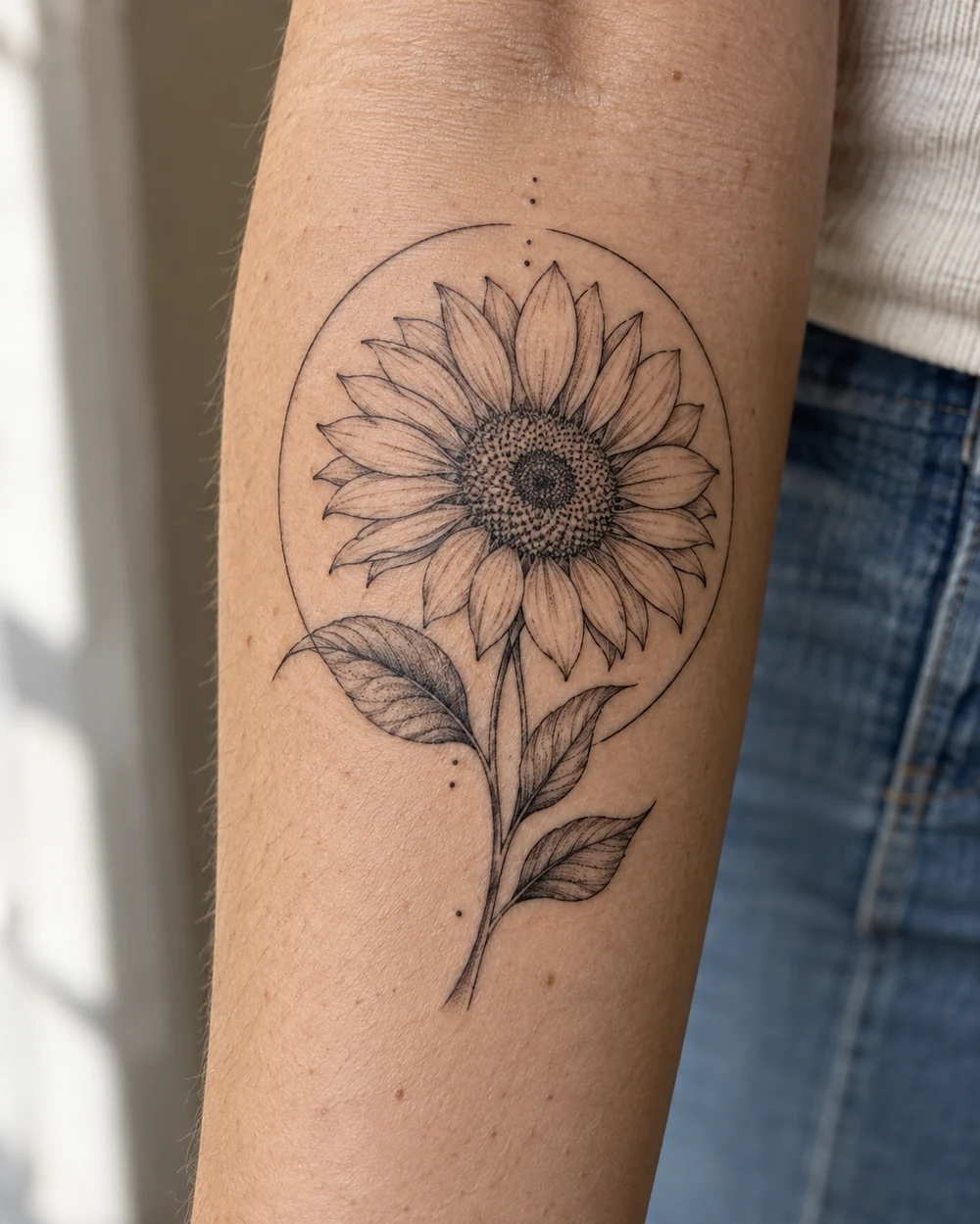 Fine-line black-and-gray sunflower tattoo with leaves framed by an open circle on a forearm